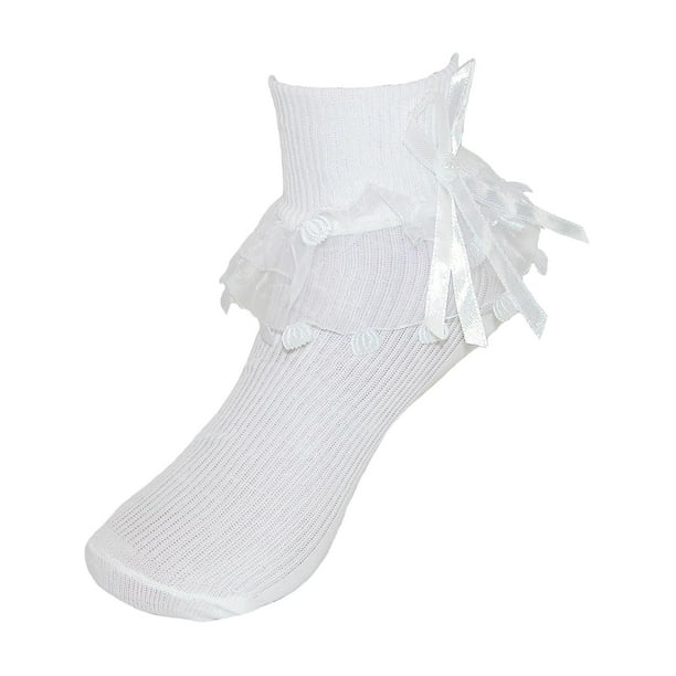 Pretty Me USA girls Double Layer Cotton Frilly Lace Ruffle Socks With Bow and Pearls 